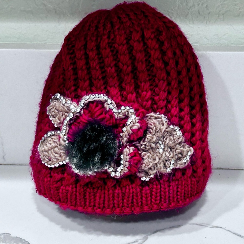 Red Crochet Hat Rhinestone & Flower embellishment Cottagecore
